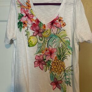 Chico's White V-Neck Top with Tropical Floral Design